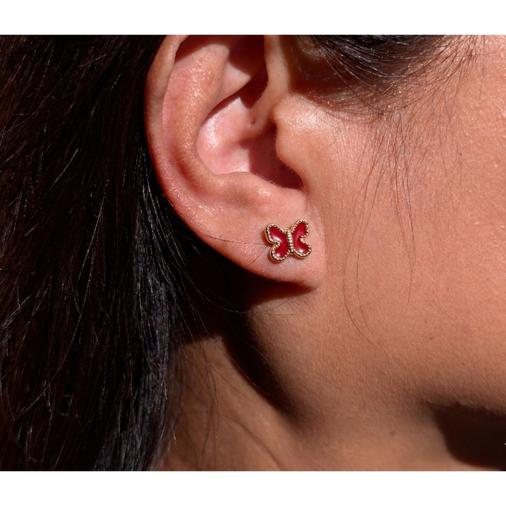 14K Gold Butterfly Stud Earrings – Red Enamel, Minimalist‎ Jewelry, Gift for Her